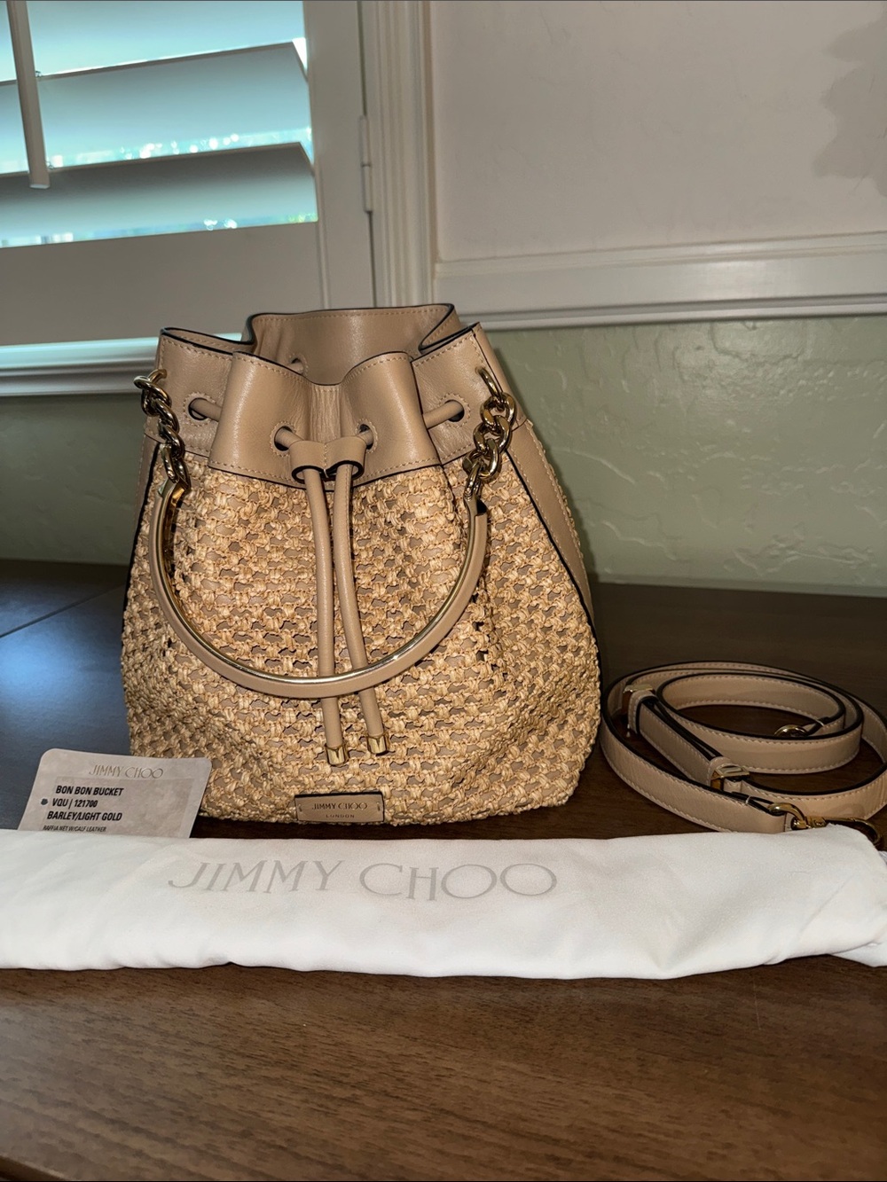 Jimmy Choo Raffia with Calf Leather Bon Bon Bucket Bag